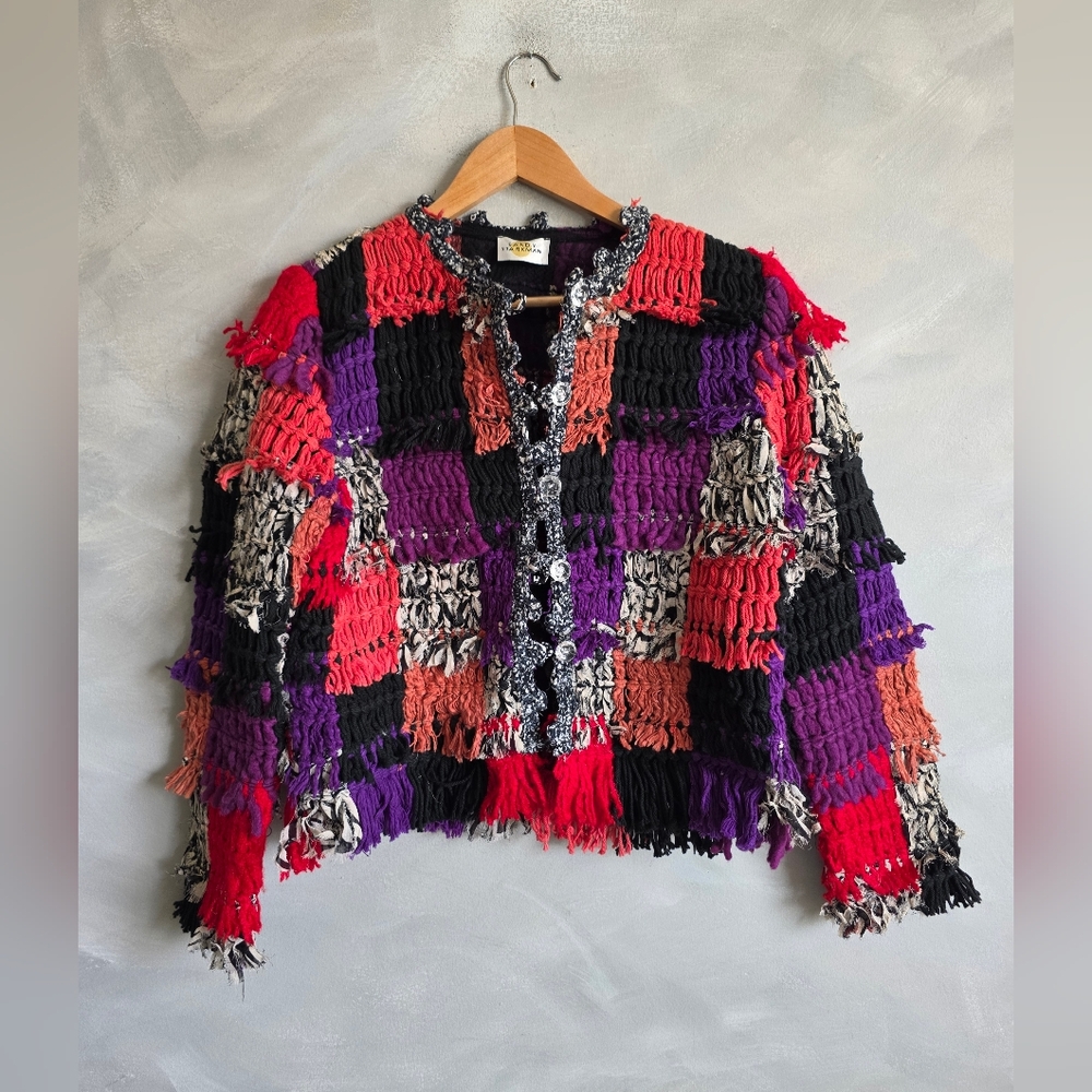 Sandy Starkman Patchwork Knotted Woven Mesh Fringe Boho Jacket Ragga Muffin Art